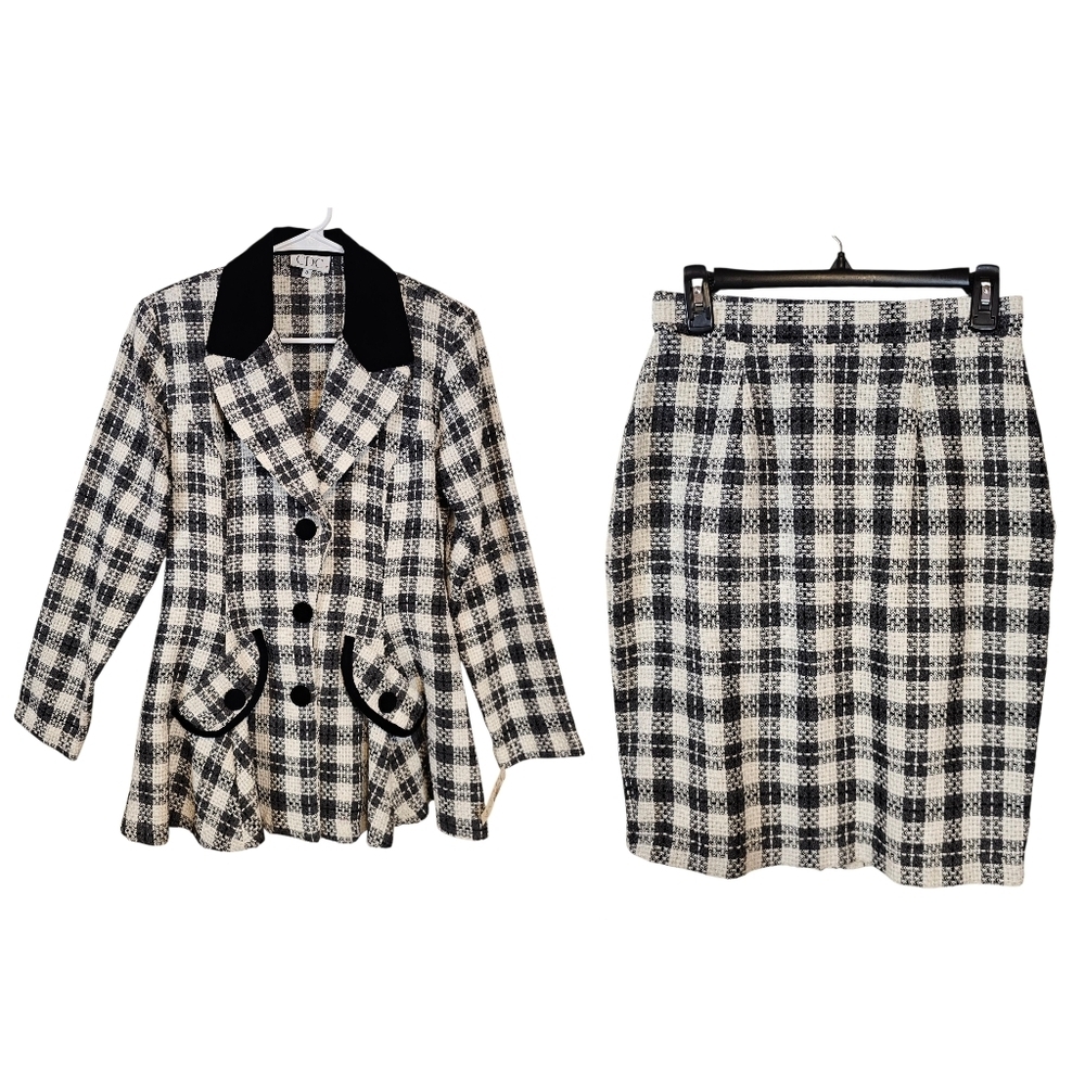 Vintage Tweed Knit Plaid Velvet Checkered Button Down Peplum Blazor Skirt Set